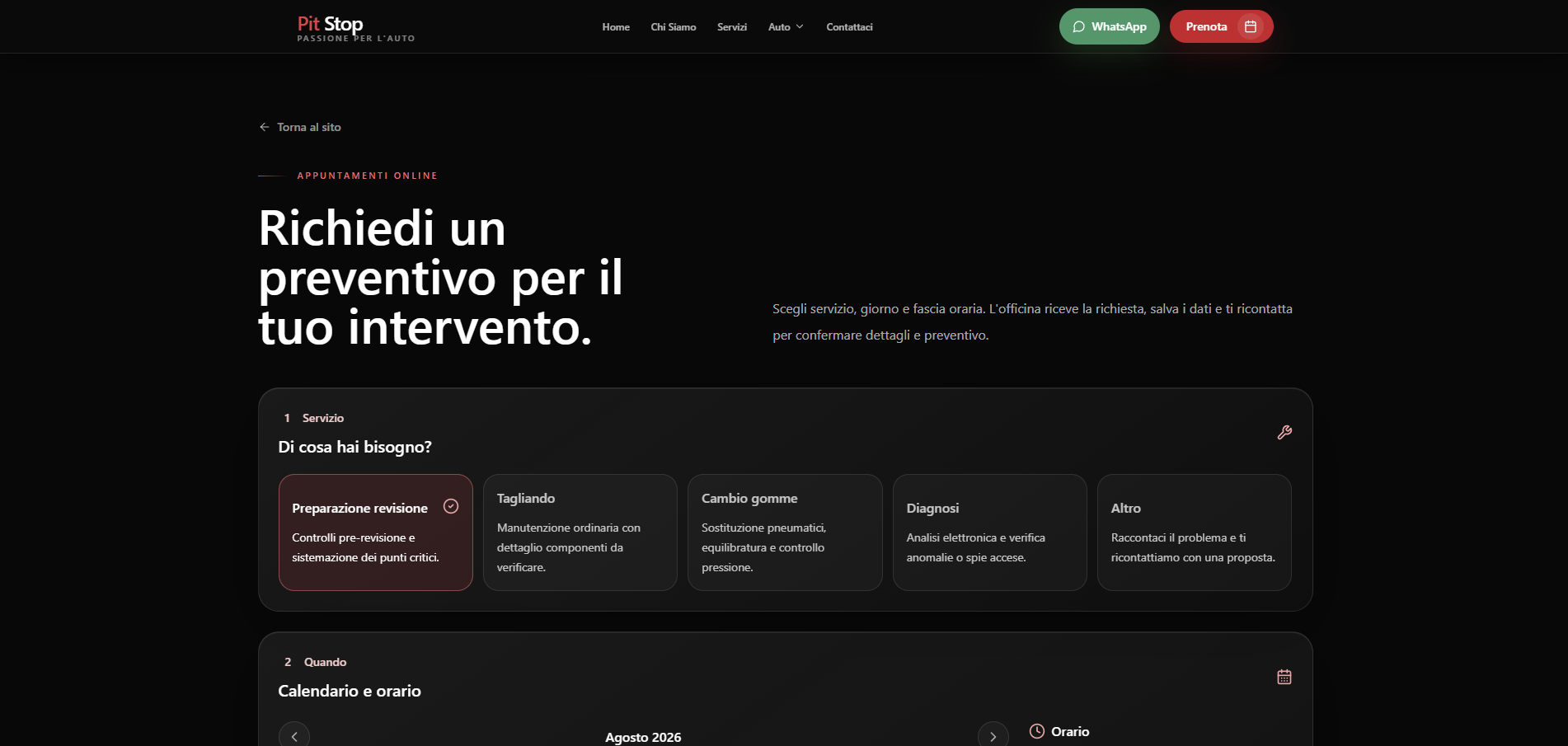 PitStop1: richiesta appuntamento con scelta del servizio e del calendario