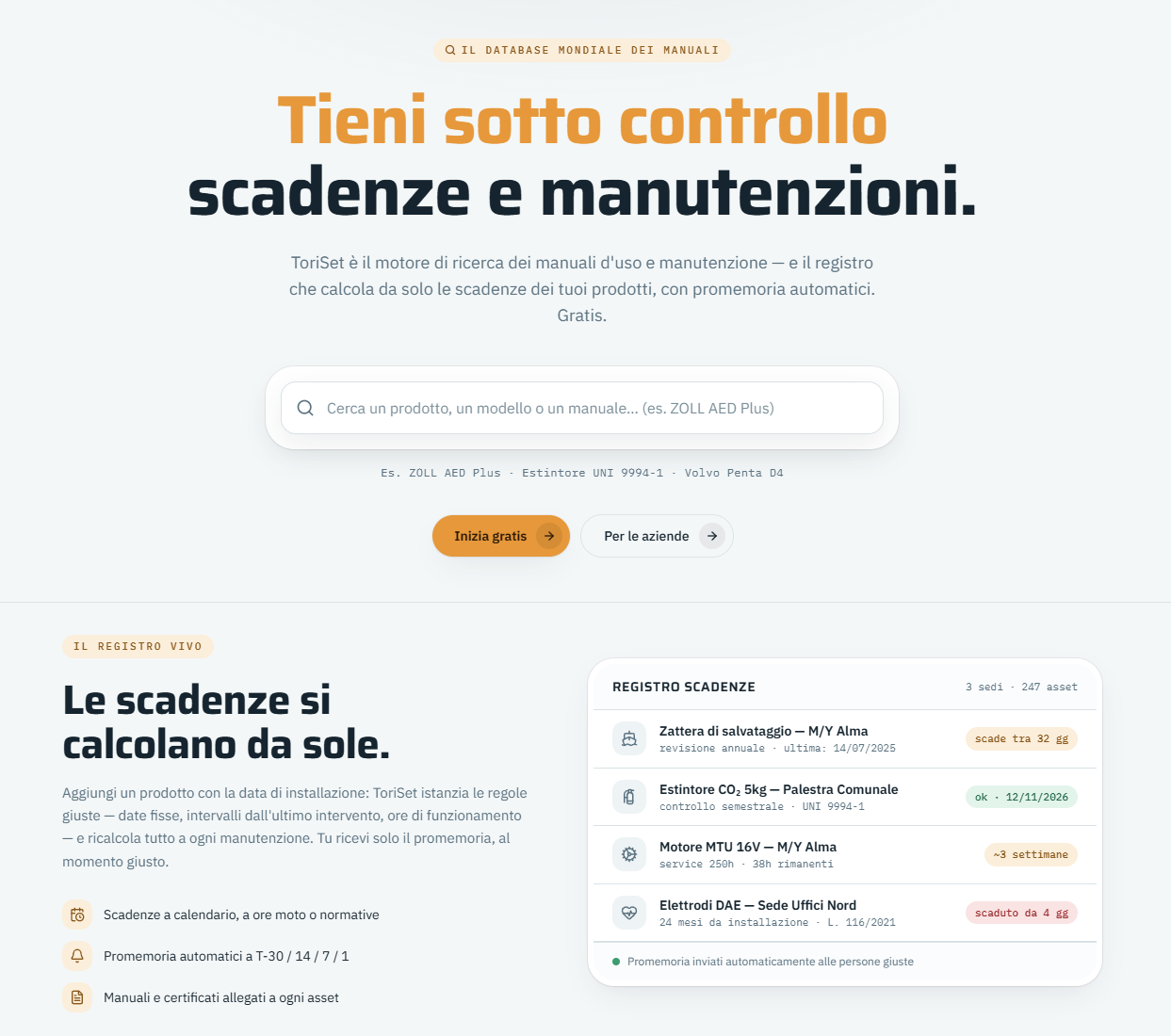 ToriSet: ricerca manuali e registro delle scadenze di manutenzione